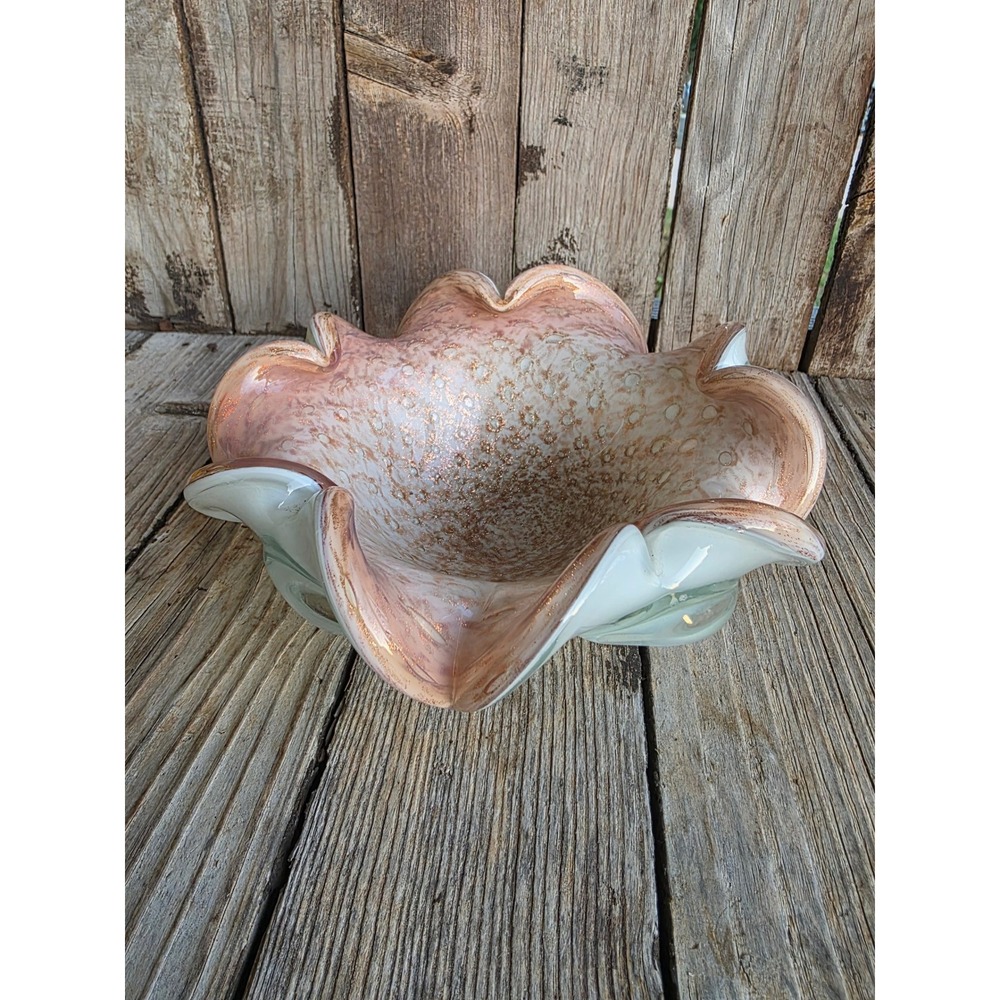 Murano Style Pink Copper Aventurine Ruffled Art Glass Bowl White Cased 7.5 Inch